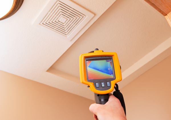 Damp Doctor Sussex Damp Inspection Image A specialist using a thermal imaging camera to inspect a ceiling for signs of moisture