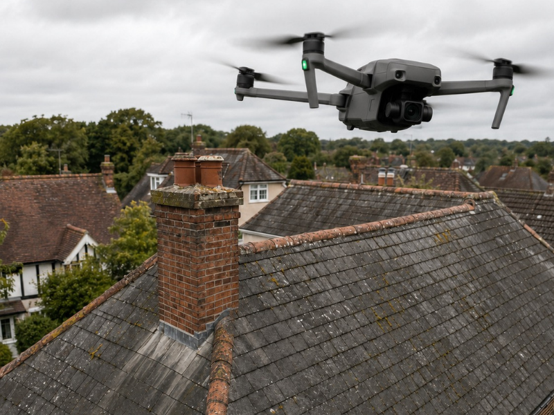 Drone inspecting a chimney stack and tiled roof