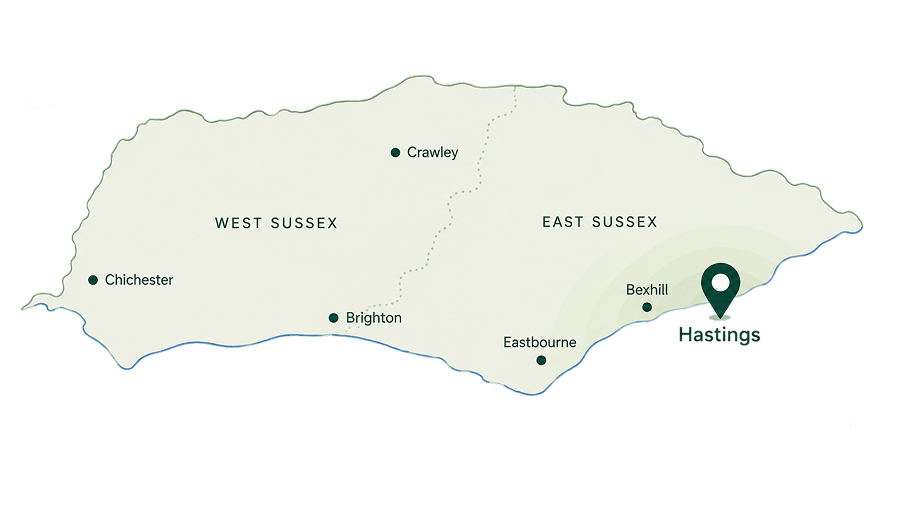 Map showing Damp Doctor Sussex service coverage across East Sussex and West Sussex