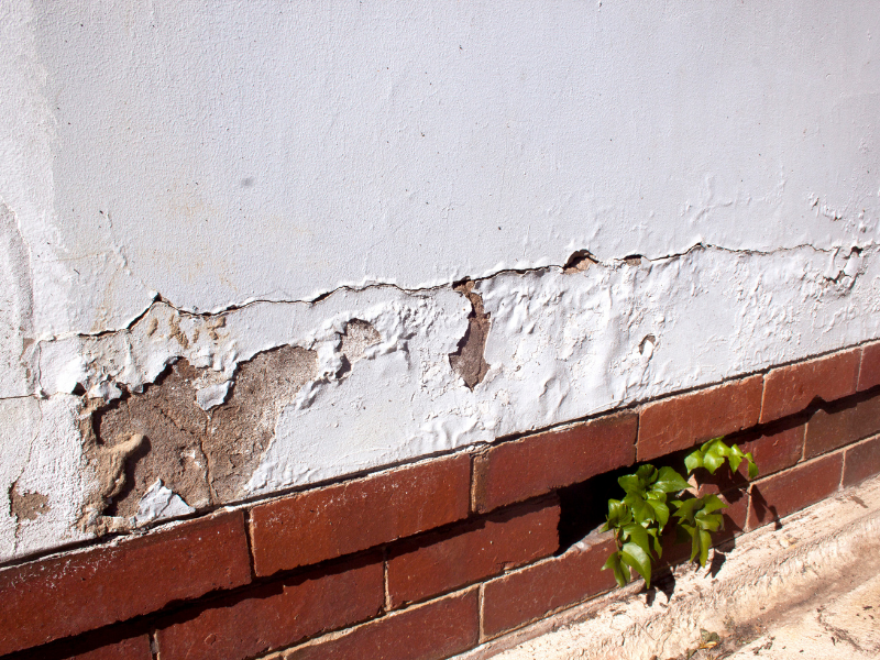 A visible tide mark above brickwork on an exterior wall, indicating moisture rising from ground level