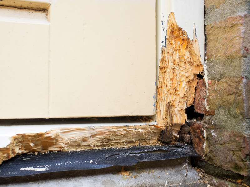 wood-rot-door-frame-timber-decay Advanced wood rot at the base of an exterior door frame, with the timber split and crumbling near ground level