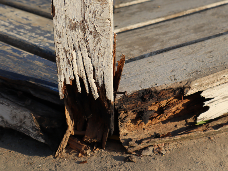 wood-rot-timber-post-joint Wet rot damage at a timber post joint, with the wood splitting and disintegrating at the base