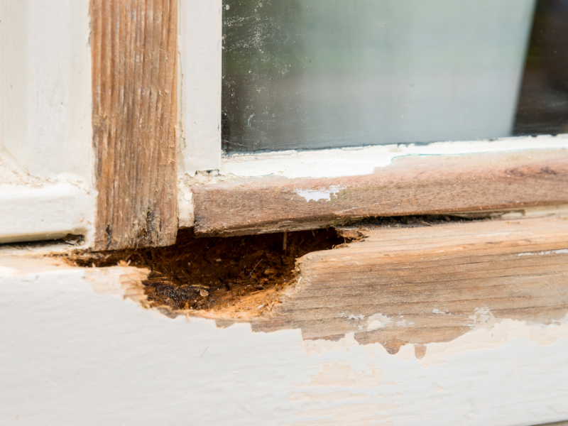 wood-rot-window-frame-corner Close-up of a window frame corner showing timber decay and paint failure at the joint