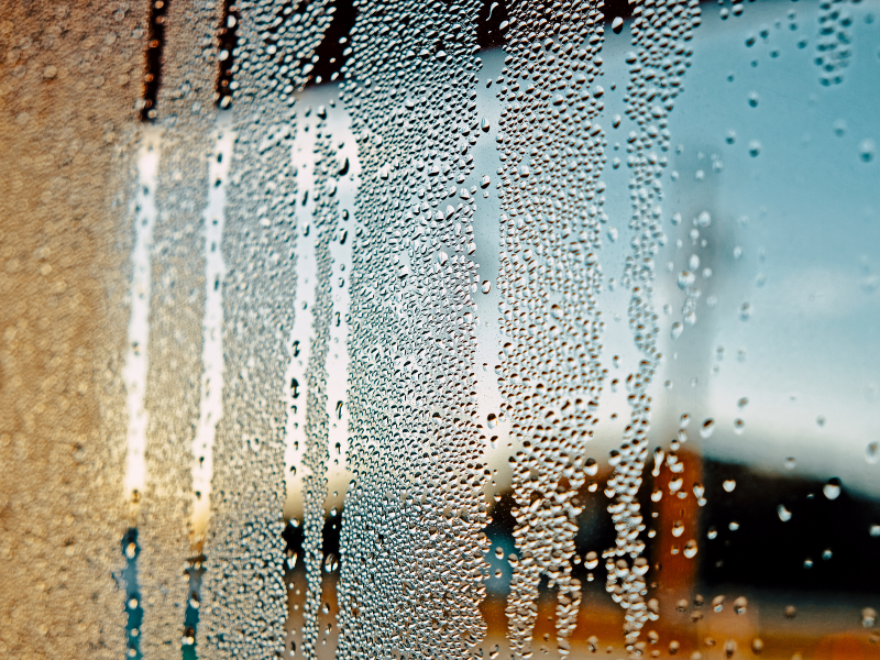 Heavy condensation forming droplets and running down the inside of a window