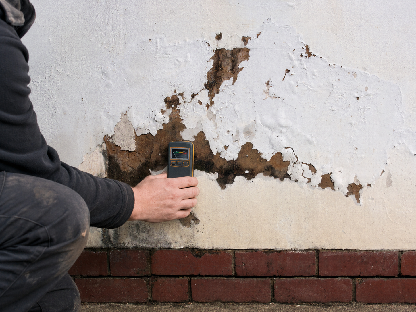 Damp specialist using a moisture meter to inspect damaged render for possible rising damp