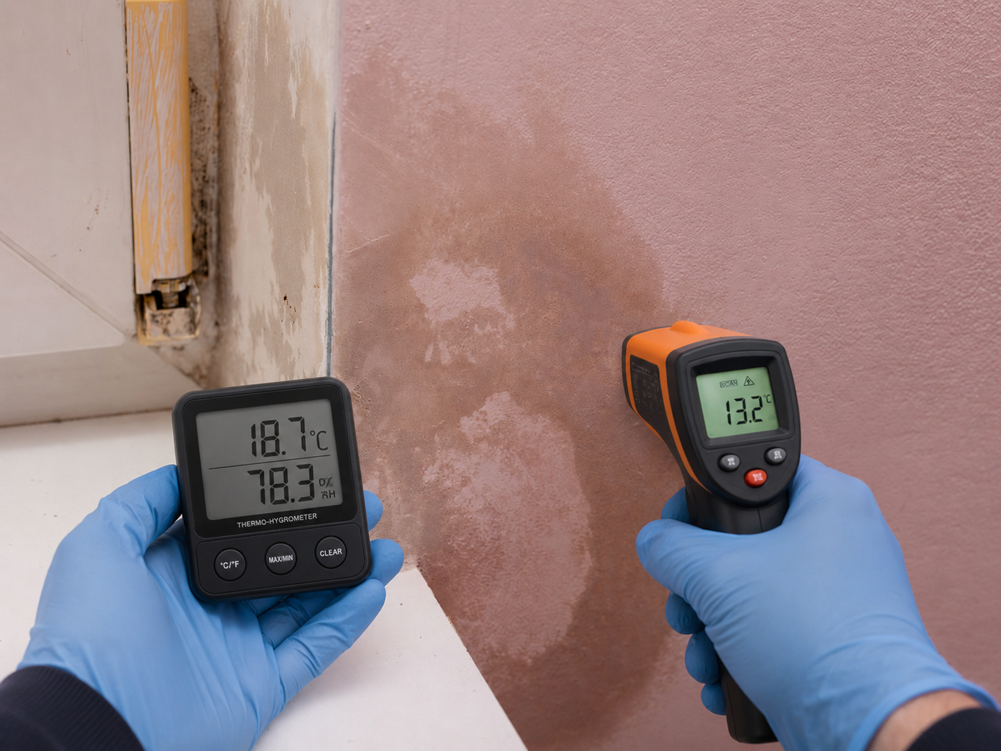 Damp specialist checking humidity and surface temperature beside a moisture-damaged window corner